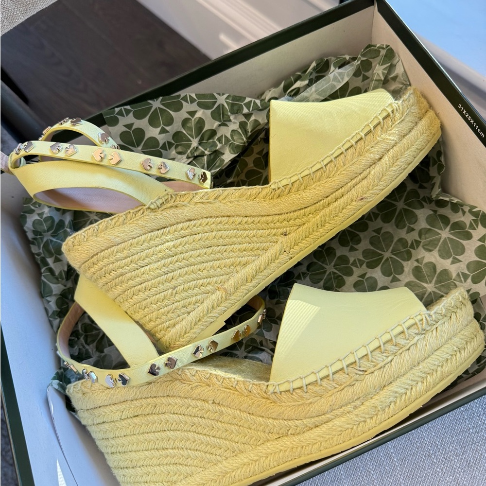kate spade Pale Yellow Espadrille Wedge Sandals with Studded Ankle Straps